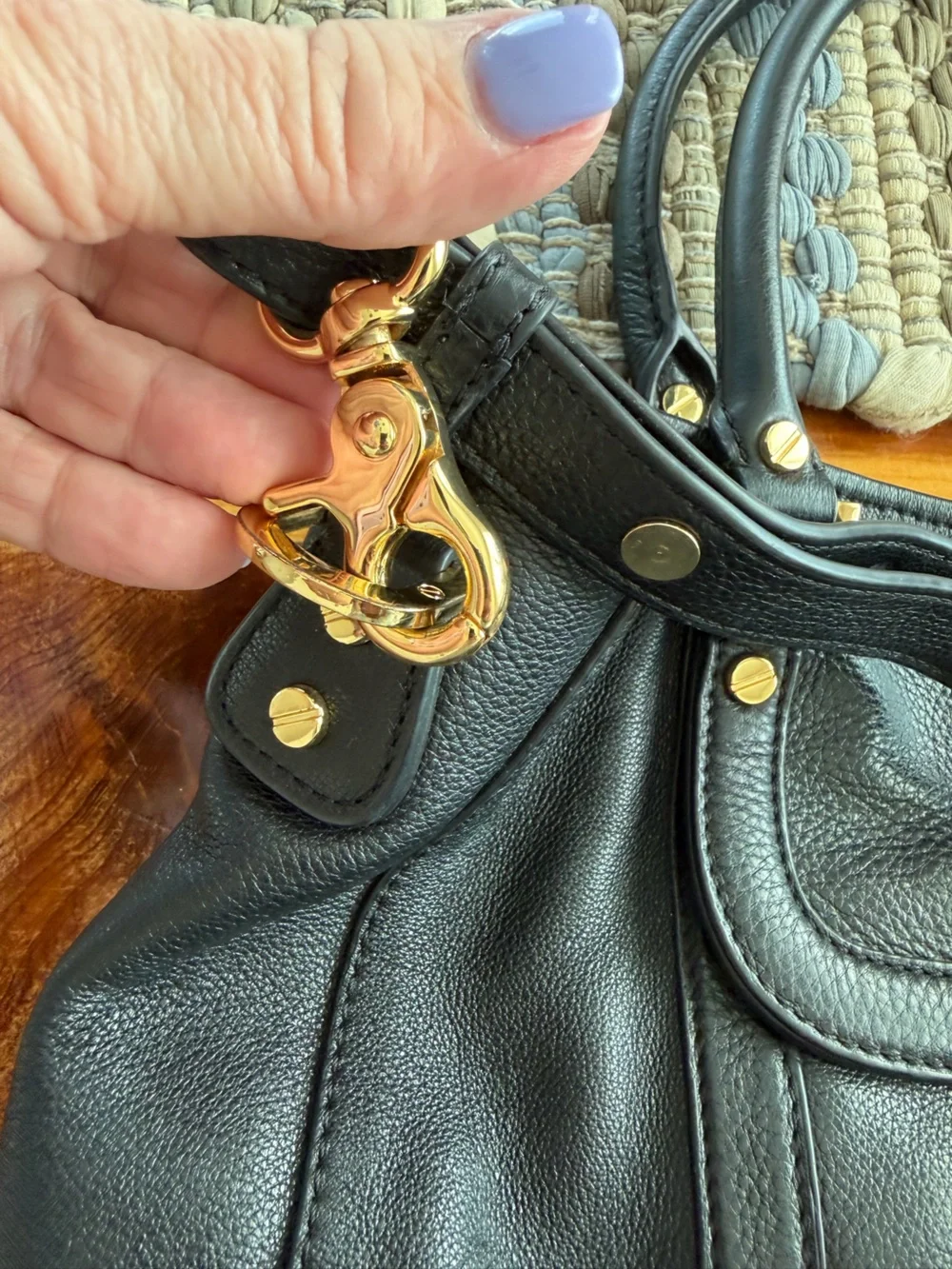 Tory Burch Black Leather Shoulder Bag with Gold Logo